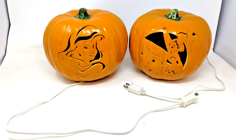 2 Disney TinkerBell Cinderella Blow Mold Pumpkin Lighted Hard Plastic Halloween
